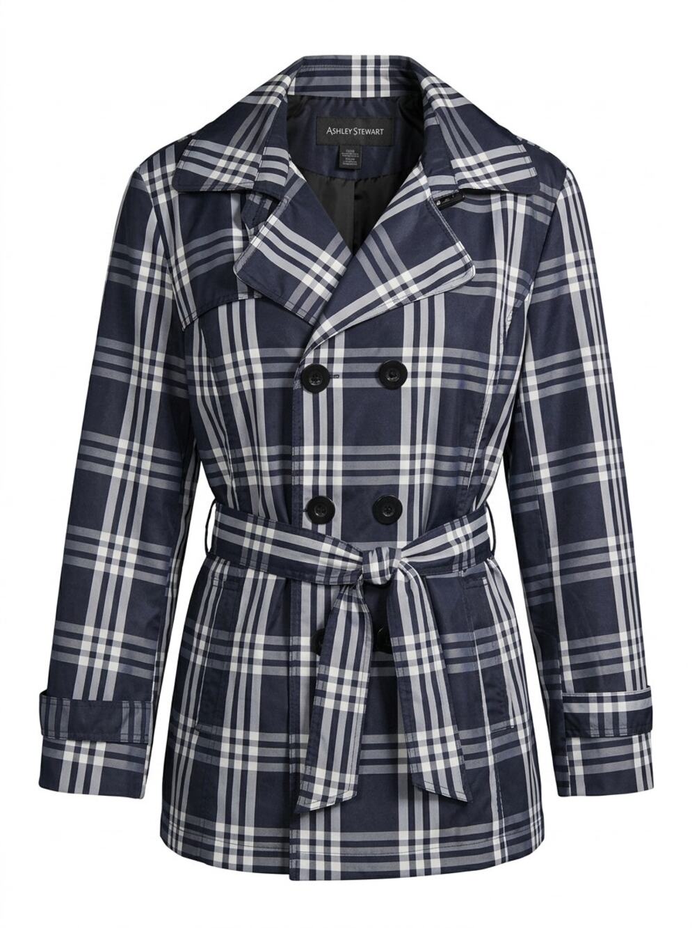 Ashley Stewart Blue Plaid Belted Trench Coat Collared Jacket Women Size 3X